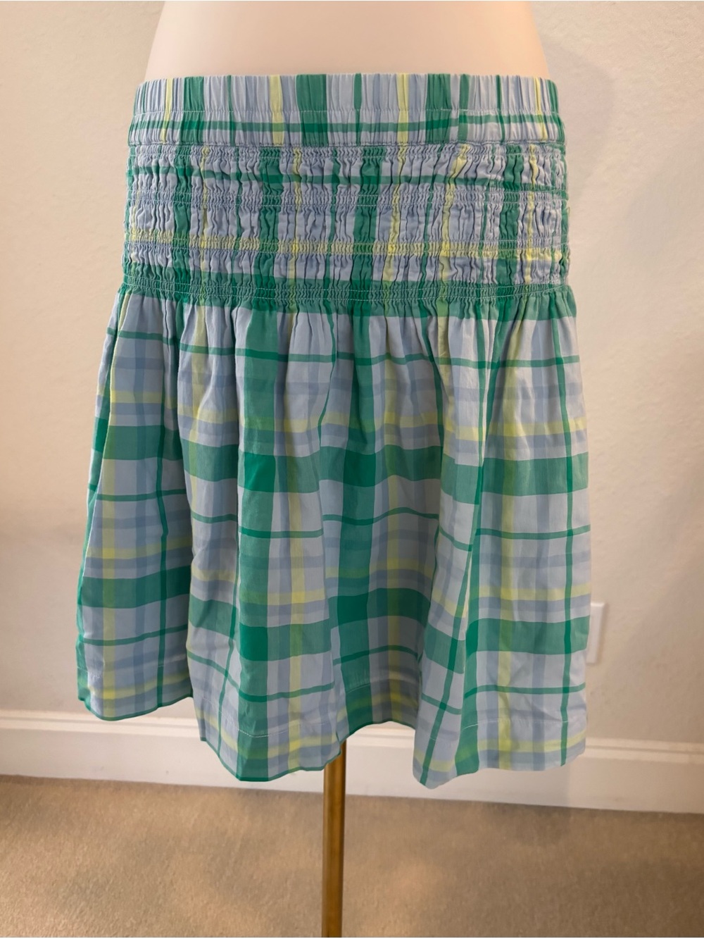 Free Assembly Green Plaid Smocked Pull On Mini Skirt Women’s Sz L